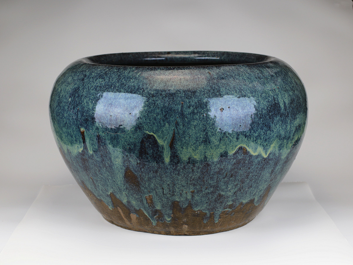 LY095 【宣興縣鼎山葛木春造】 清代 海鼠釉 大火鉢／状態いい美品！nzn
