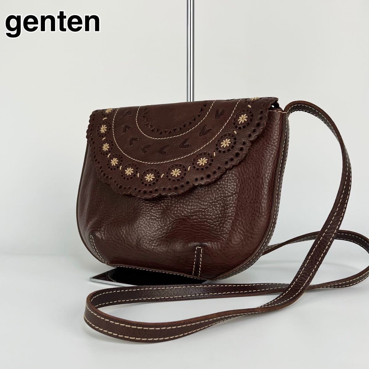 22S244 genten ゲンテン ショルダーバッグ ブラウン 花柄 レザー 