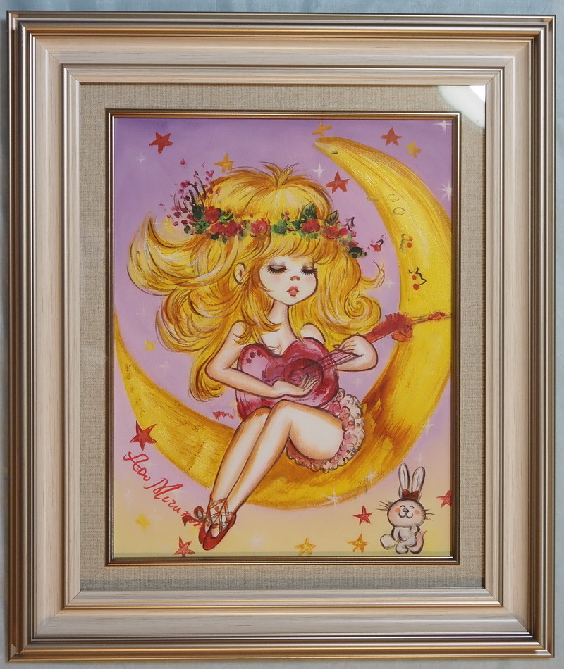 リス様絵画 肉筆手描き 油彩　水森亞土「女の子と猫」サインF6サイズ　額装済み Yahoo!オークション 日本 水森亜土 額縁 F6号絵画 人物・少女 F6号水森