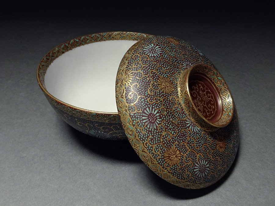 慶應◇大正時代 九谷焼 金彩青粒菊唐草文蓋茶碗 十客揃