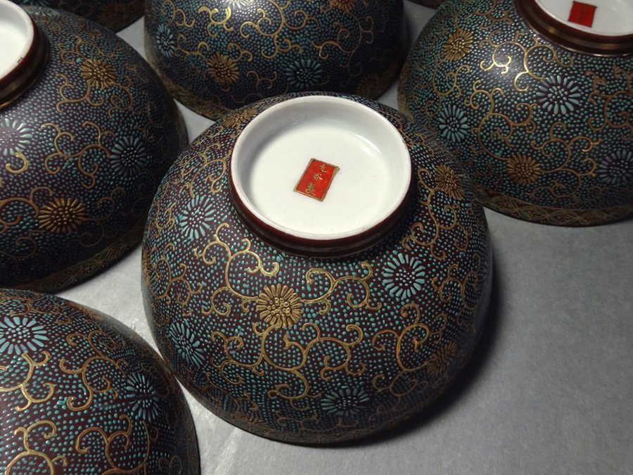 2573 九谷焼　松鶴　蓋付き碗　3客　時代物 2573 九谷焼 松鶴 蓋付き碗 3客 時代物