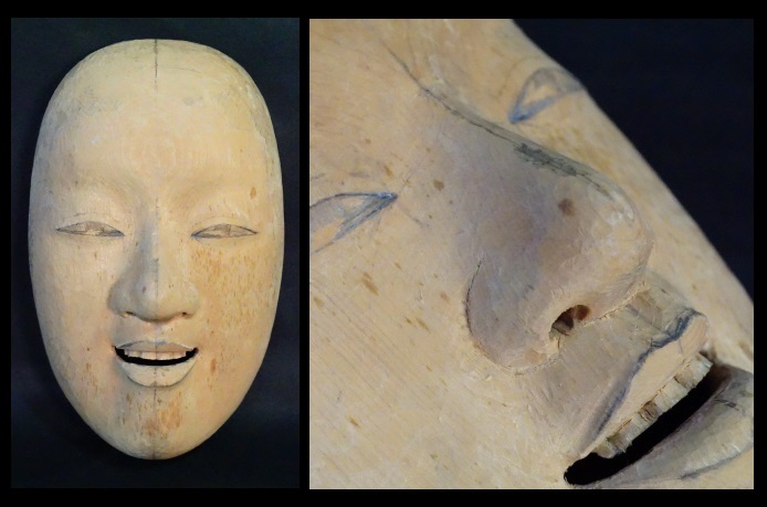 骨董古典芸能美術古い木彫能面在銘女面男面小面能楽