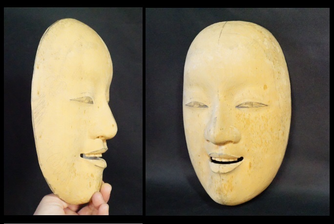 骨董古典芸能美術古い木彫能面在銘女面男面小面能楽