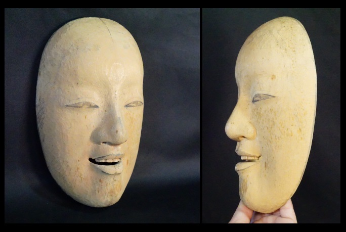 骨董古典芸能美術古い木彫能面在銘女面男面小面能楽