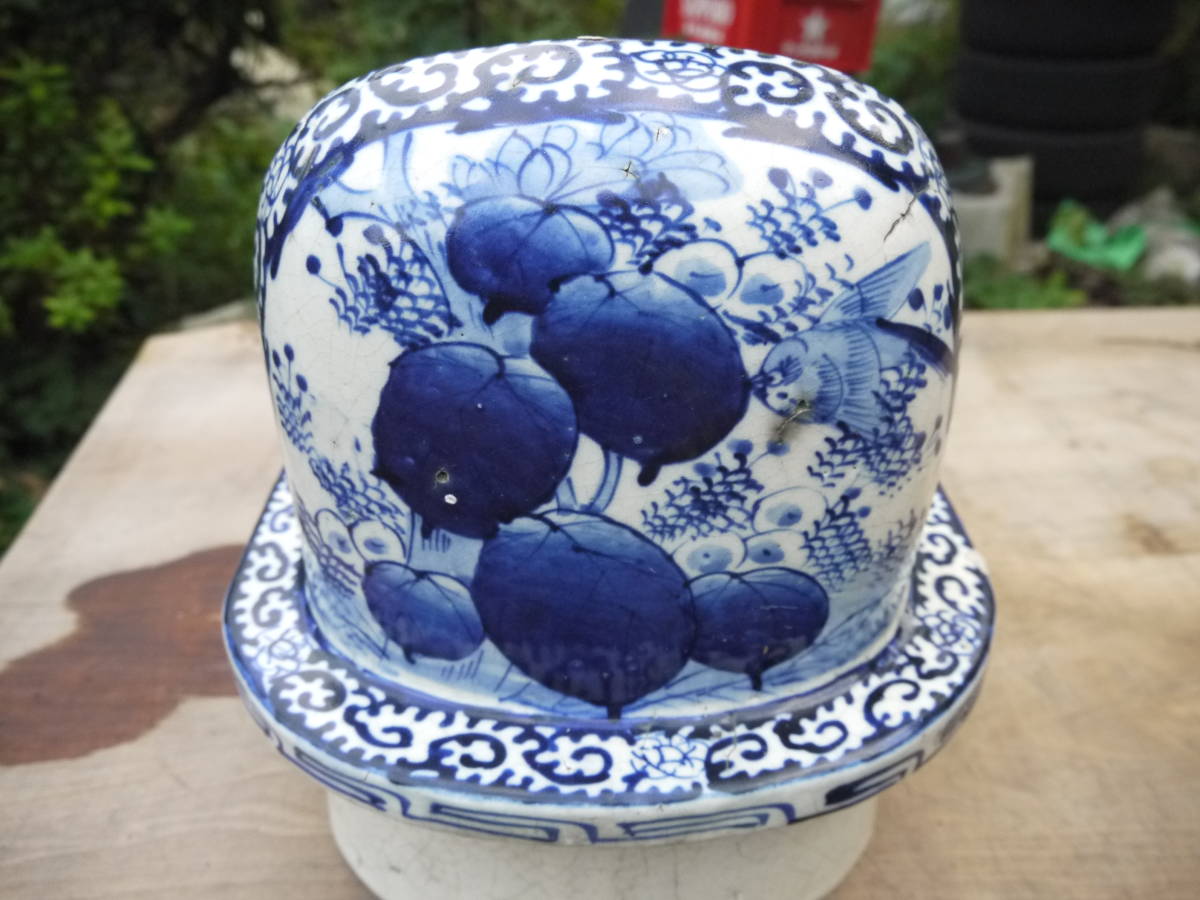 A21012 足】 昭和レトロ 染付 陶器便器 アンティーク 飾り 和式便器 