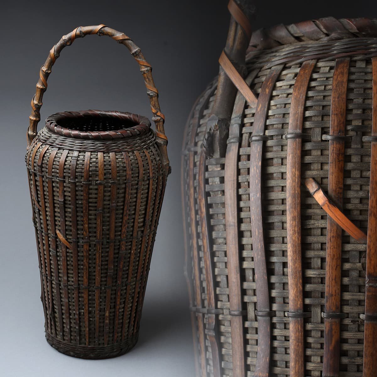 EE649 時代物 竹編竹節提手花籠・網代編提梁花籃 高46.5cm・竹網代編