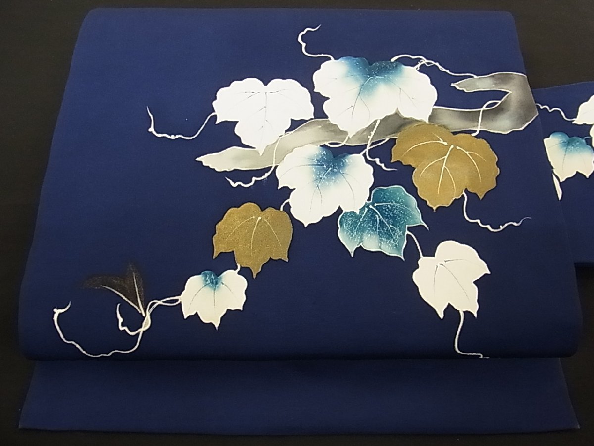 着物屋こころ□塩瀬 九寸名古屋帯 手描き 蔦の葉 金彩 正絹 逸品 A-az856