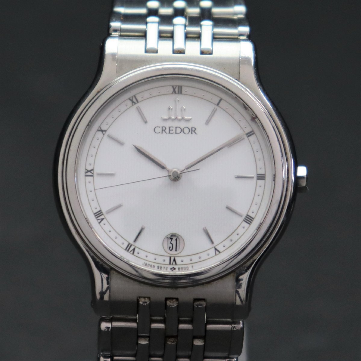 SEIKO CREDOR セイコー クレドール クォーツ 9572-6000 ローマン 白文字盤 亀戸工場 デイト 純正ブレス ヴィンテージ メンズ腕時計