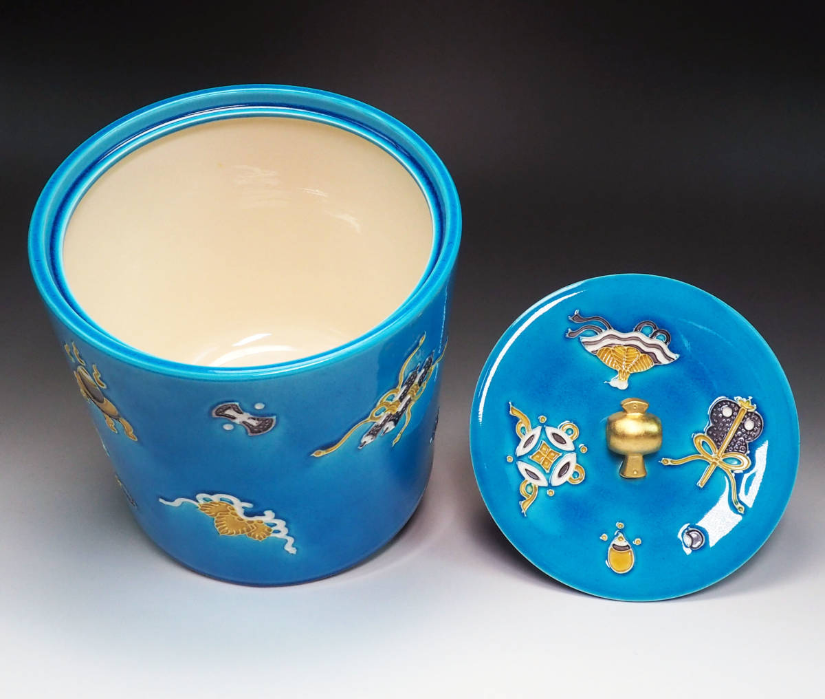 古美味】二代中村翠嵐 紫交趾桶側菊唐草水指 茶道具