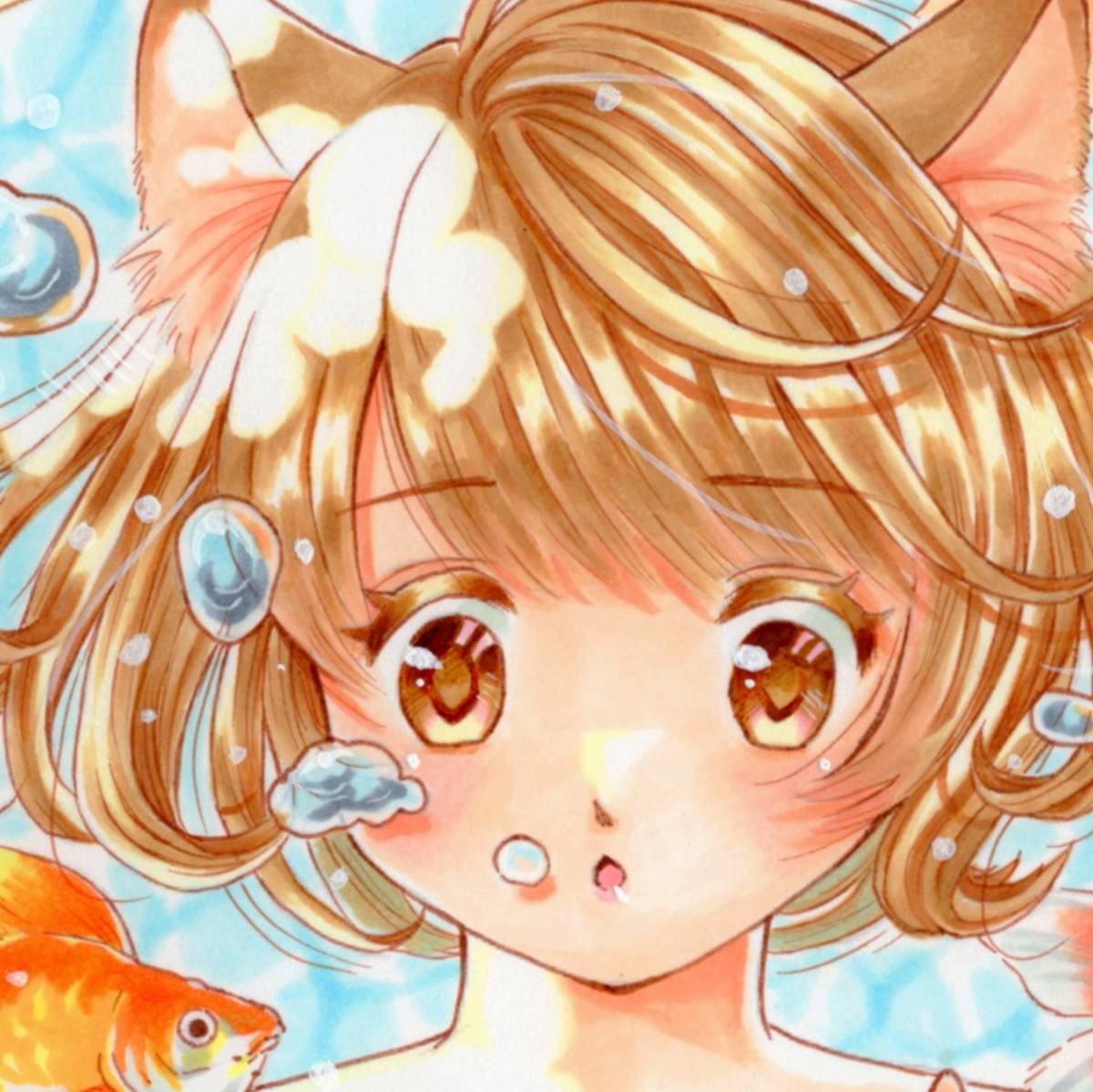 手描きイラスト オリジナル ネコ耳女の子と金魚(手描きイラスト)｜売買
