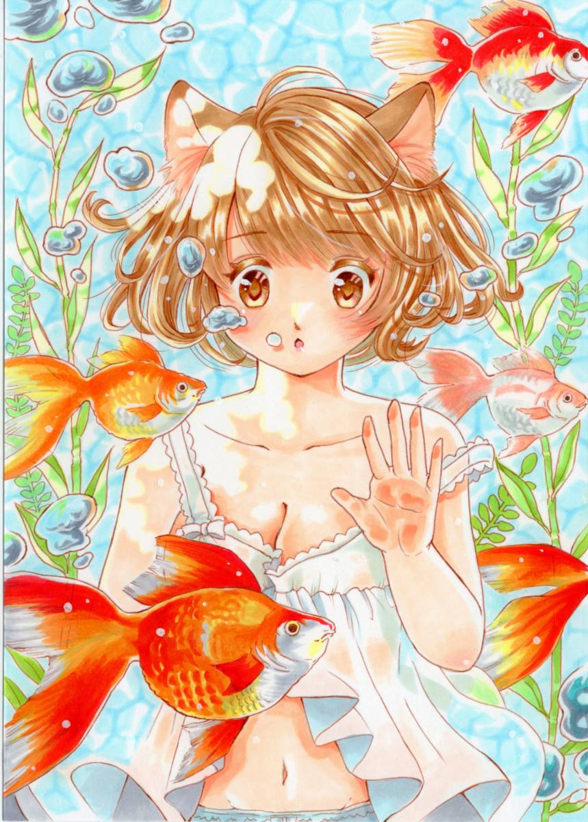 手描きイラスト オリジナル ネコ耳女の子と金魚(手描きイラスト)｜売買