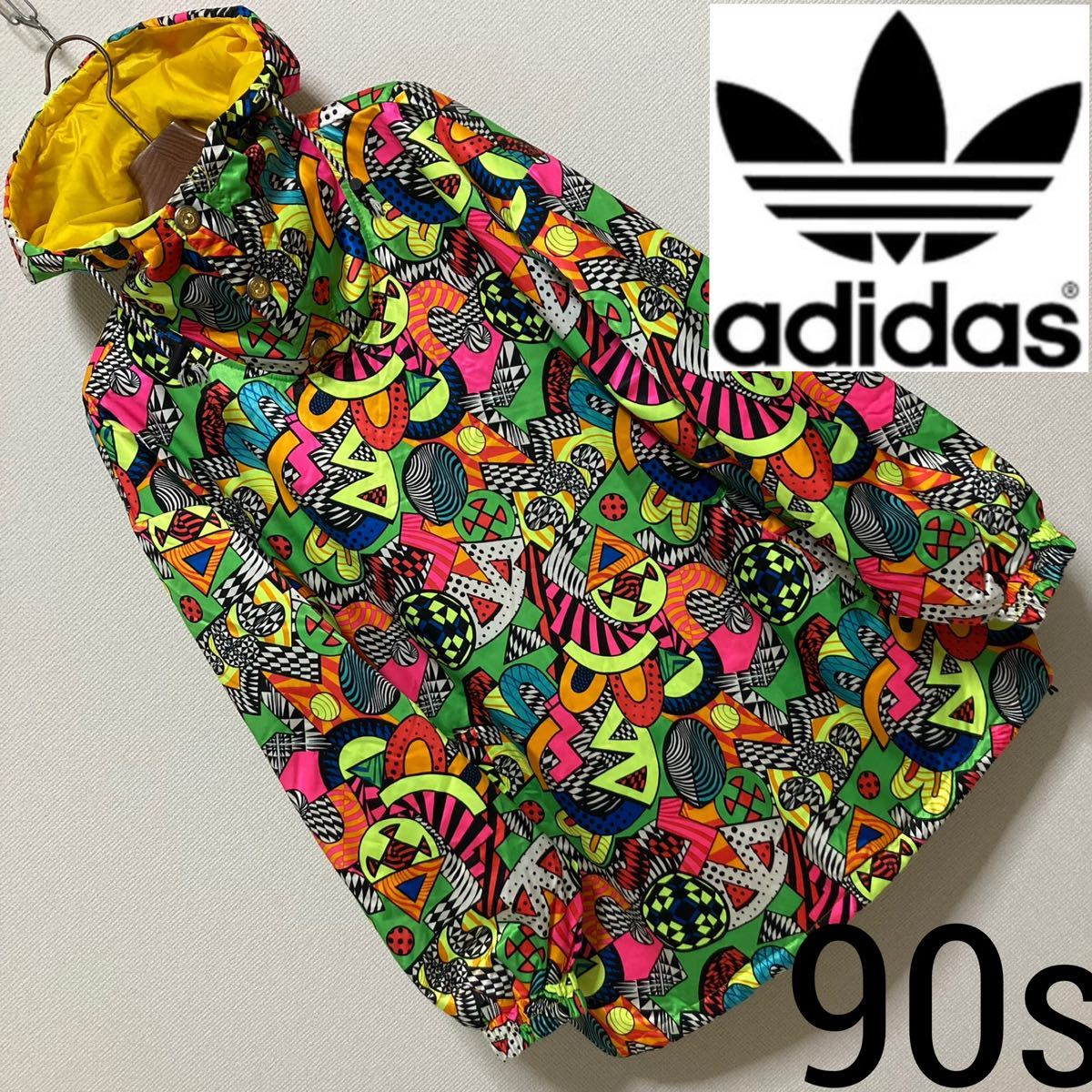 90s Vintage□adidas デサント□中綿 アノラック パーカー 総柄 M 蛍光 