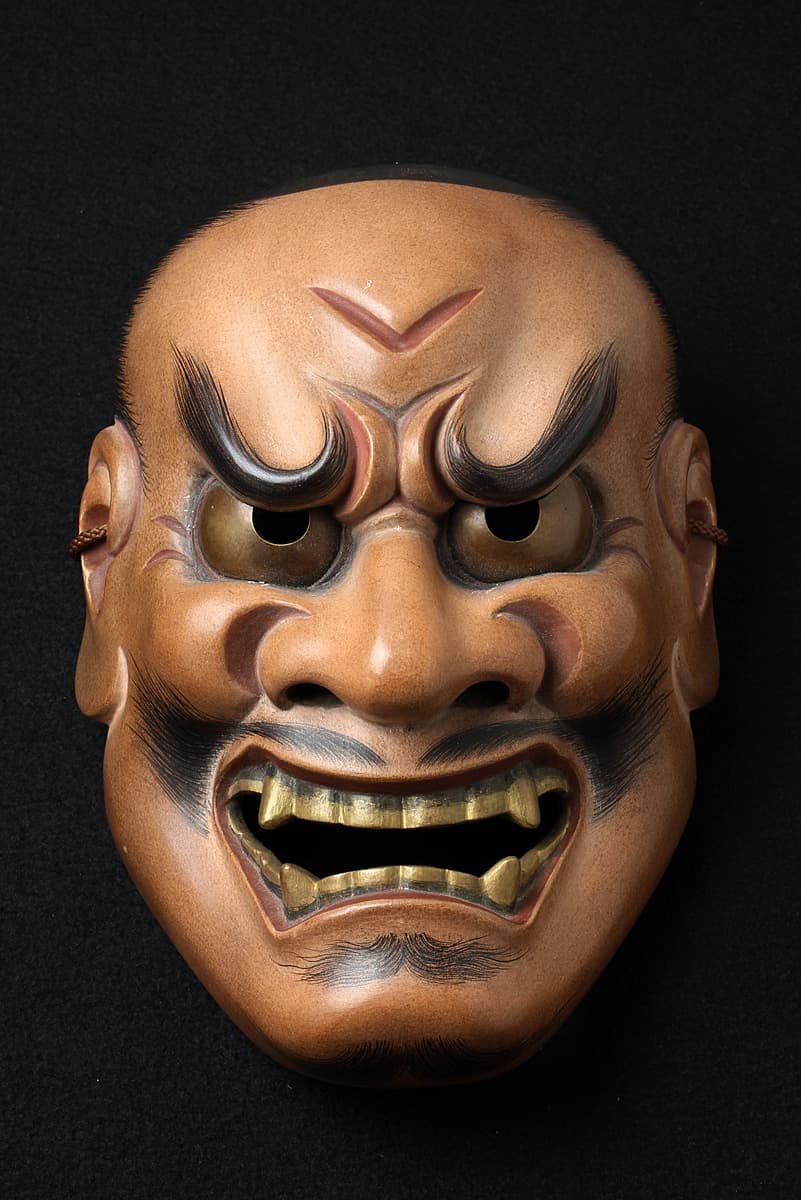 EG043 【能面師 後藤祐自 作】木彫彩色能面「頻卑」縦22cm 重240g 共箱 