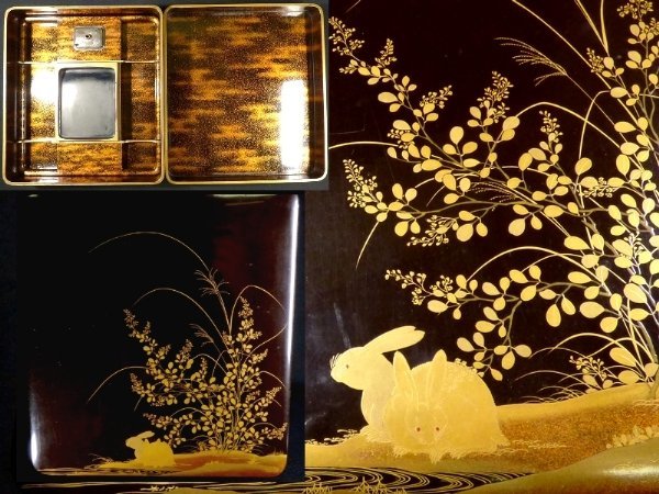 お買い得，爆買い 【 恵 #0194 】 名品！ 極上兎秋草金蒔絵 硯箱 梨地