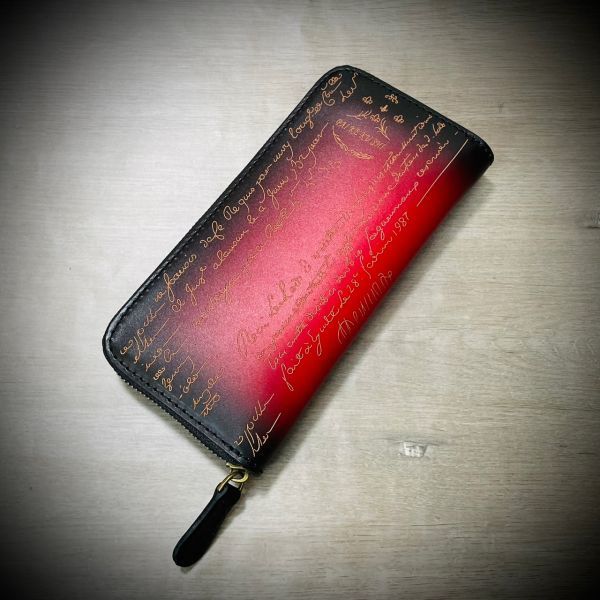 イタリアンレザー カリグラフィー 長財布 英字 経年変化 牛革 本革 グラデーション フルレザー ハンドメイド レッド 赤