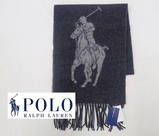 11131[A]タグ付き!!デッドストック品♪【POLO RALPH LAUREN◆ポロ ラルフローレン】マフラー/ブラック グレー系/ラムウール/防寒具 冬服