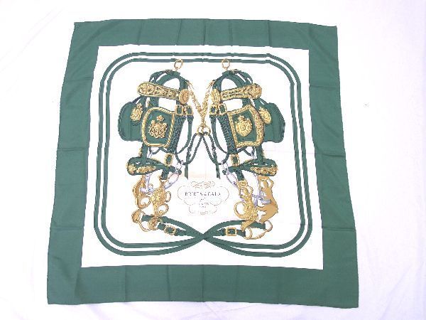 1円 HERMES エルメス BRIDES de GALA【式典用馬勒】カレ90 シルク100% 大判 スカーフ ストール グリーン系×ホワイト系 BB3662hオ