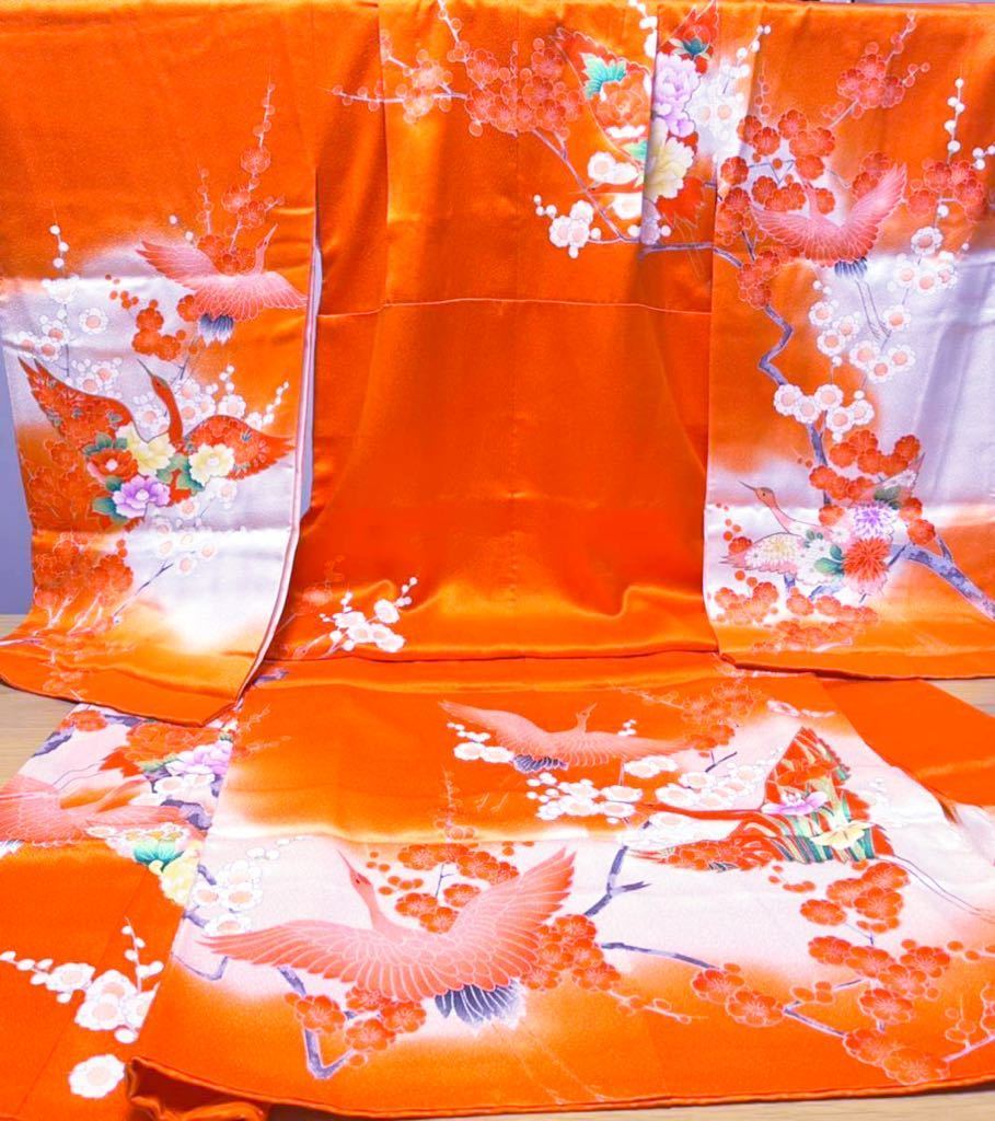 ◆鶴と花の絵羽柄♪正絹七歳女児祝い着◆ 上質紋綸子 七五三 裄52(7) 箔使い　お値打ち 訳あり