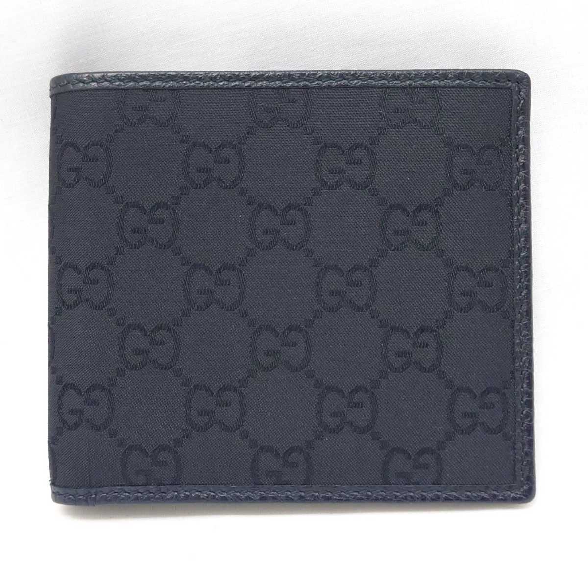 GUCCI グッチ メンズ Canvas 黒二つ折り財布 美品GUCCI 【美品】 グッチ GUCCI 二つ折り 財布 GG 143383 レザー ナイロン 黒 ブラック メンズ レディース コンパクト ウォレット hgs105