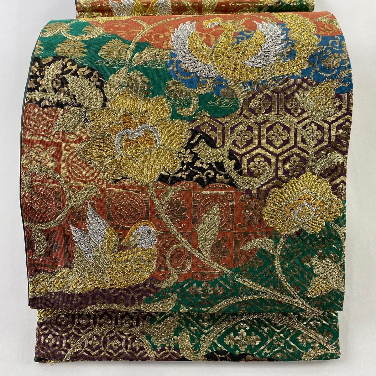 袋帯 美品 秀品 鳳凰 草花 金銀糸 箔 薄緑 六通 正絹 【中古】 袋帯 秀