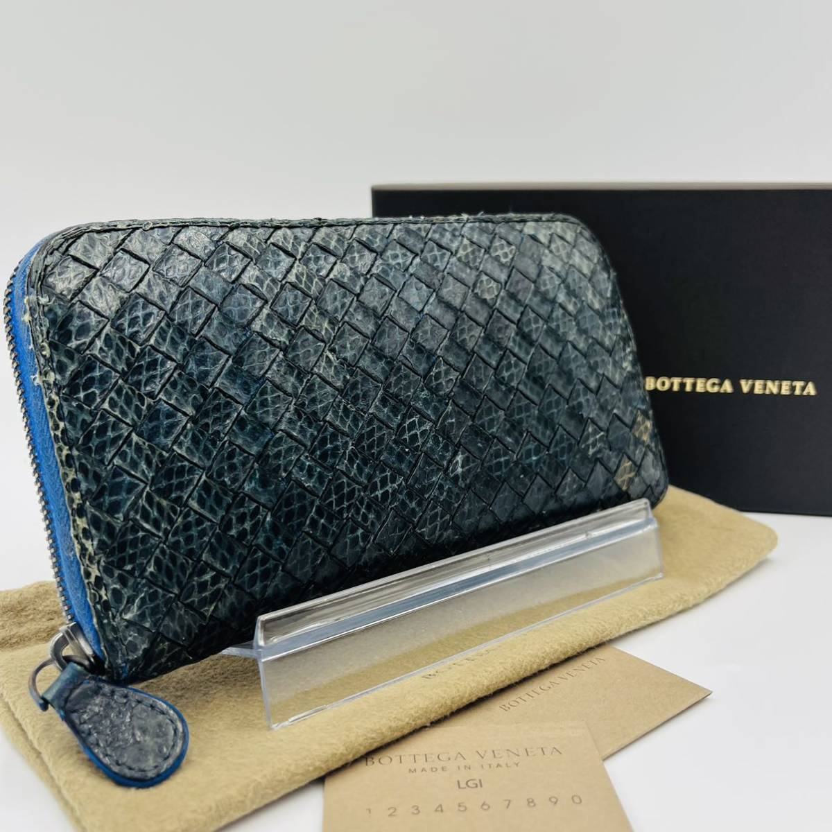 人気定番，正規品 1円 BOTTEGA VENETA ボッテガヴェネタ 長財布 イントレチャート ラウンドウォレット ジップ レザー パイソン ネイビー メンズ 男女(財布)｜売買されたオークション情報、yahooの商品情報をアーカ 男性用