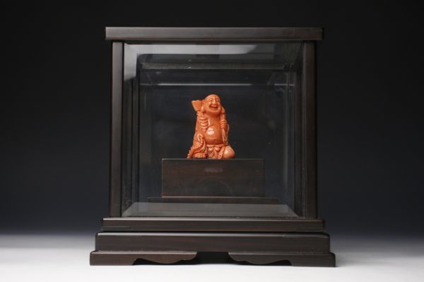 LIG】彫刻家 吉良福竜 天然宝石珊瑚 桃珊瑚 布袋尊像 5㎝ 61.43