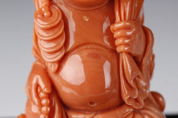 LIG】彫刻家 吉良福竜 天然宝石珊瑚 桃珊瑚 布袋尊像 5㎝ 61.43