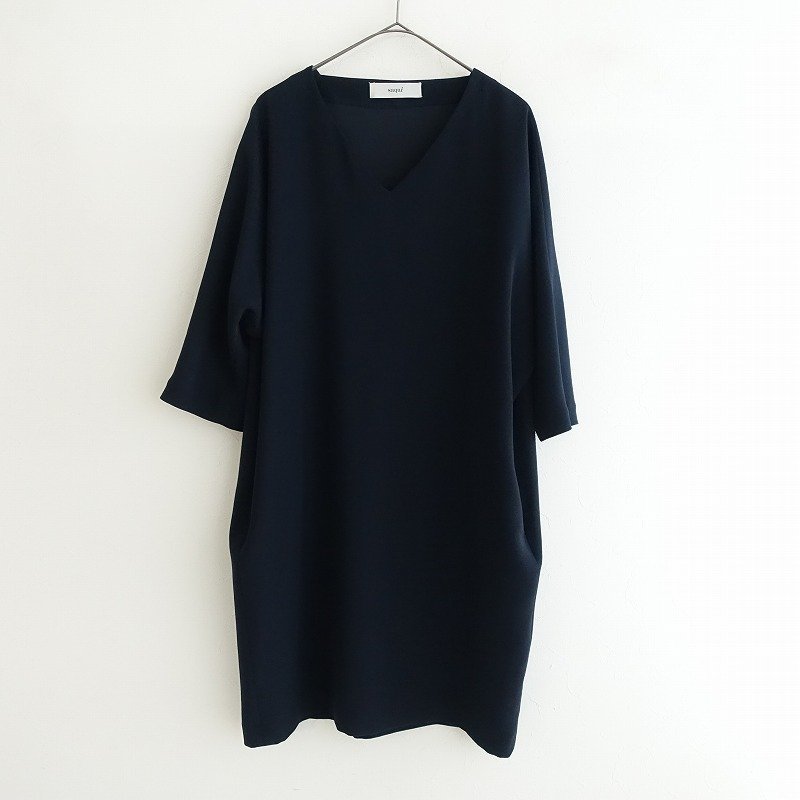 【定価3.4万】サキ saqui *Vネックドルマンスリーブワンピース*38コクーンドレス紺ネイビー無地1022(1-2210-249)【22J22】