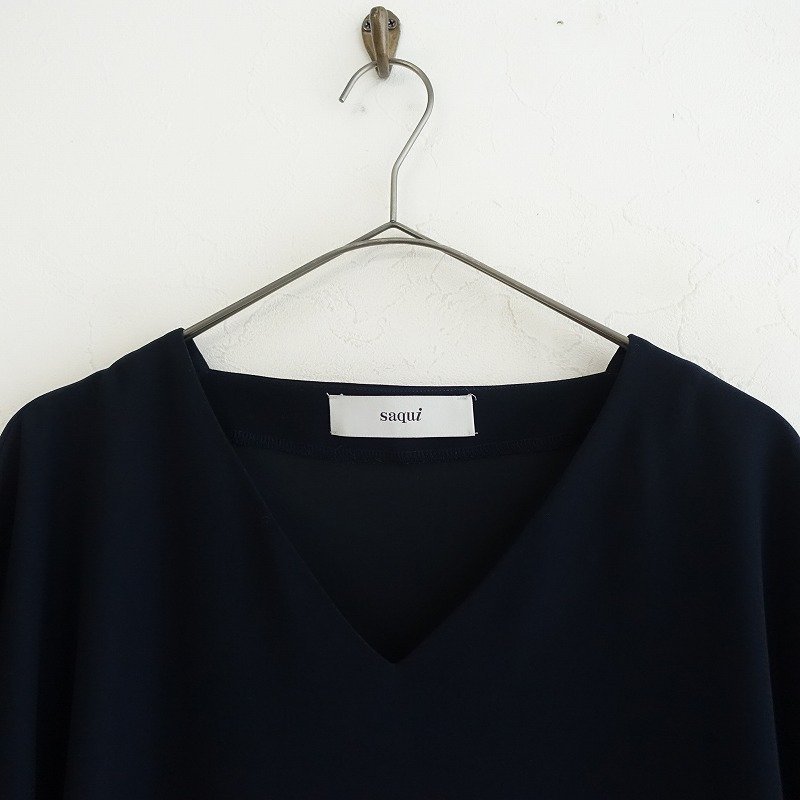 【定価3.4万】サキ saqui *Vネックドルマンスリーブワンピース*38コクーンドレス紺ネイビー無地1022(1-2210-249)【22J22】