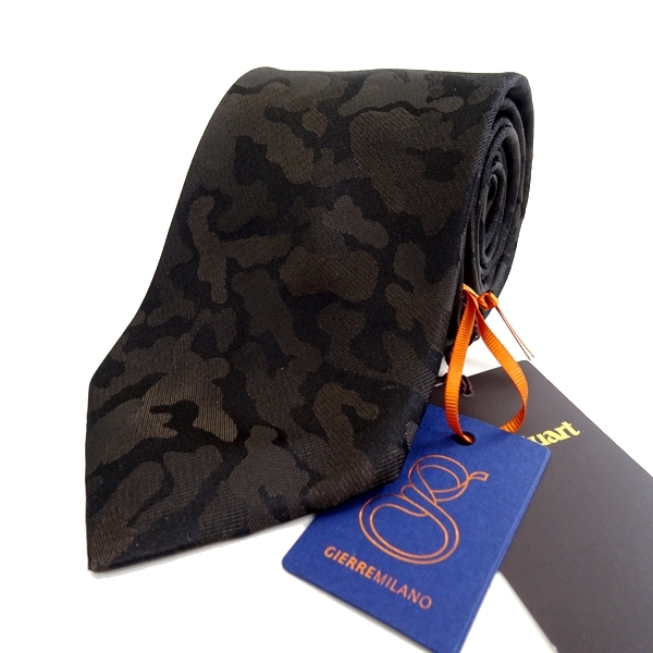 ■Paul Stuart GIERRE MILANO ポールスチュアート ジエレ ミラノ 定1.6万 伊製 絹の艶 カモフラ シルクジャガード ネクタイ▲020▼are3108c