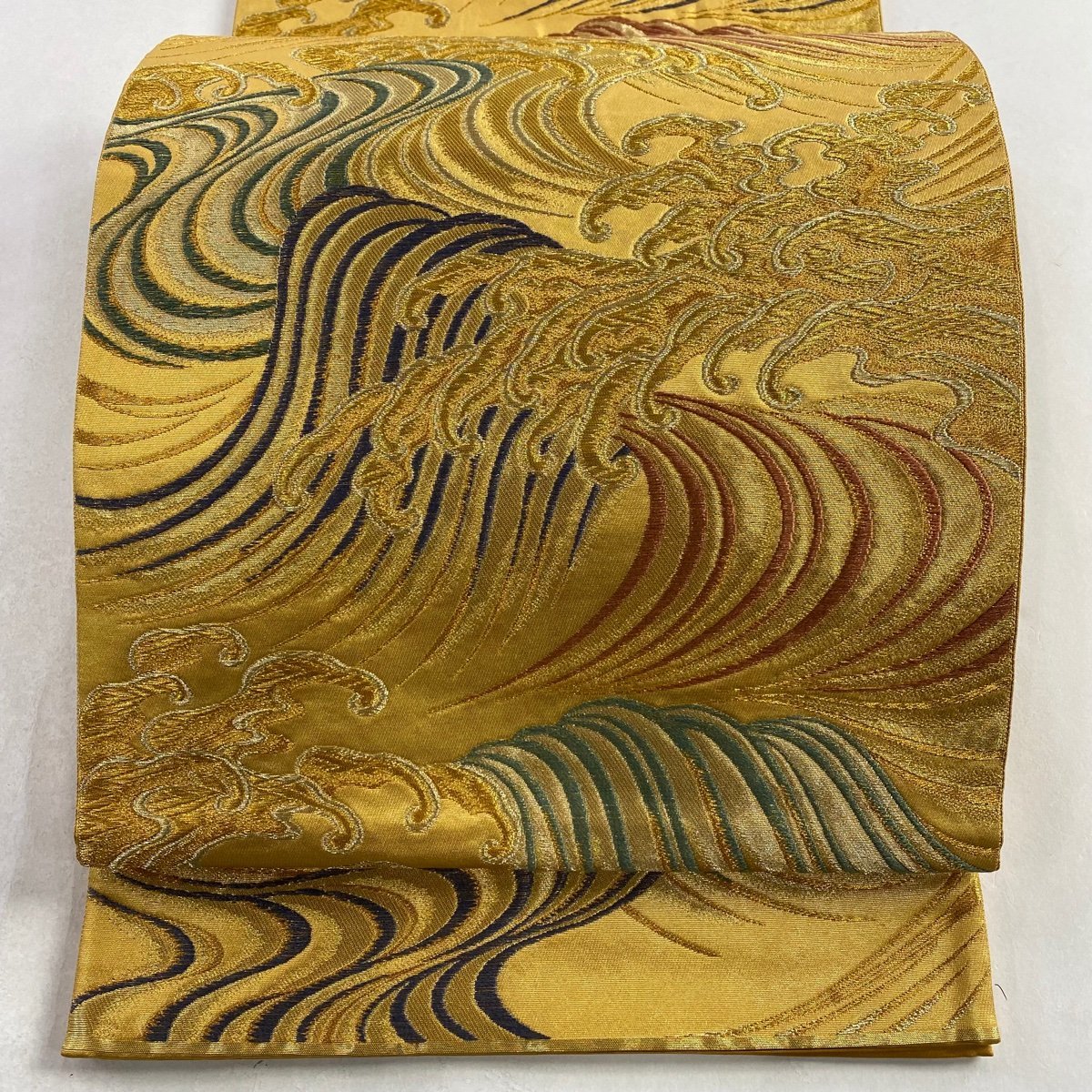 袋帯 美品 名品 落款 本家加納 波頭 金銀糸 箔 金色 六通 正絹 【中古】