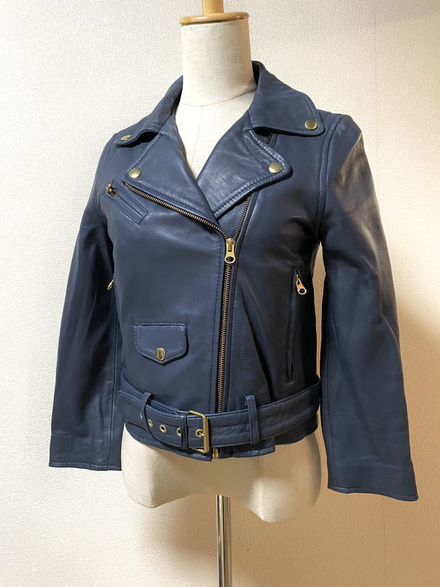 美品★CANARI★本革 ラムレザー ライダース ジャケット★紺 / 藍色★レディース S 本革 ライダースジャケット 羊革 青 ブルー リリー