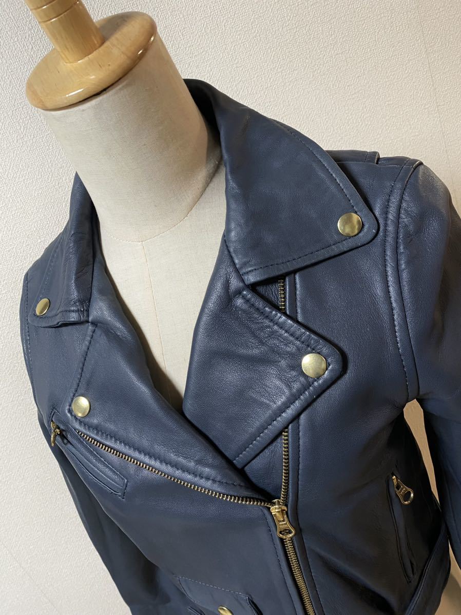 美品★CANARI★本革 ラムレザー ライダース ジャケット★紺 / 藍色★レディース S 本革 ライダースジャケット 羊革 青 ブルー リリー