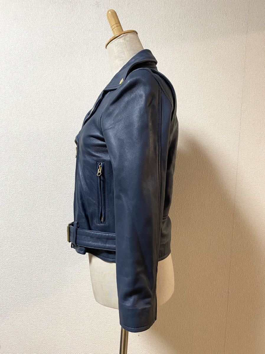 美品★CANARI★本革 ラムレザー ライダース ジャケット★紺 / 藍色★レディース S 本革 ライダースジャケット 羊革 青 ブルー リリー