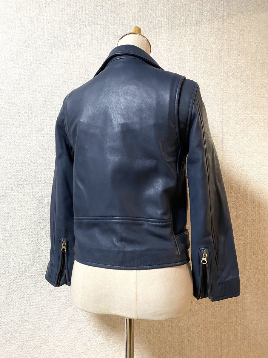 美品★CANARI★本革 ラムレザー ライダース ジャケット★紺 / 藍色★レディース S 本革 ライダースジャケット 羊革 青 ブルー リリー