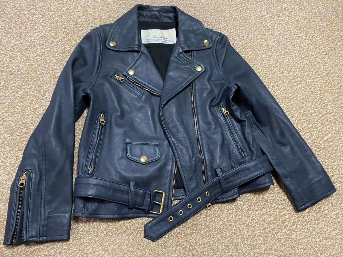 美品★CANARI★本革 ラムレザー ライダース ジャケット★紺 / 藍色★レディース S 本革 ライダースジャケット 羊革 青 ブルー リリー