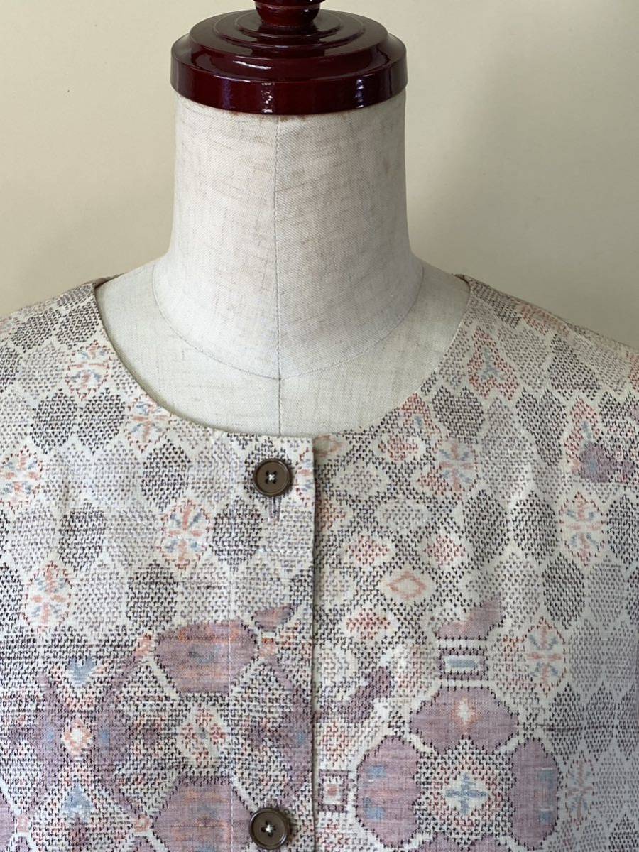 着物リメイク★正絹★紬★ベージュ★亀甲花柄★バルーンスリーブ★前開ロングフレアーワンピース - 正絹 メルカリ 絹 着物 七宝繋の