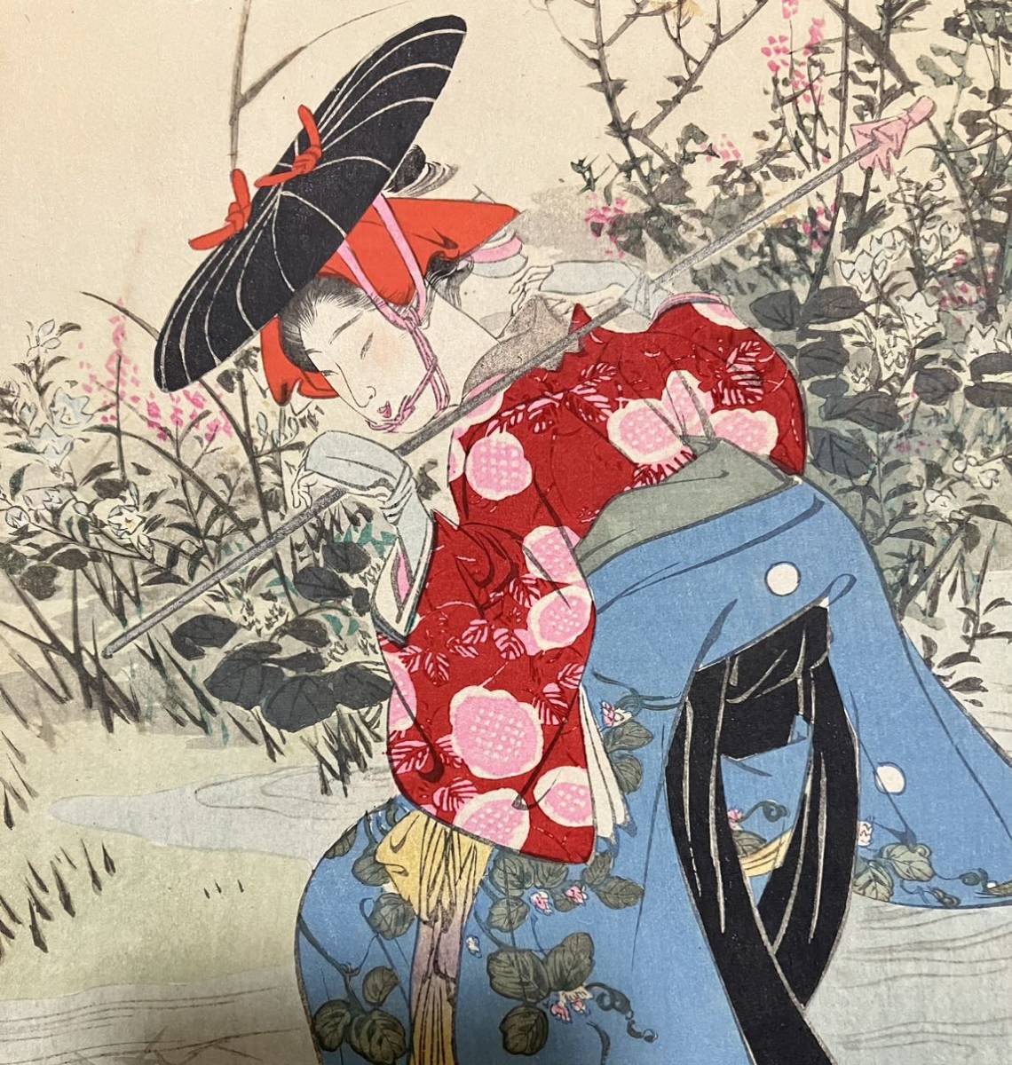 真作/本物 明治期 尾形月耕「美人花競 葛のはな」浮世絵 木版画 美人図