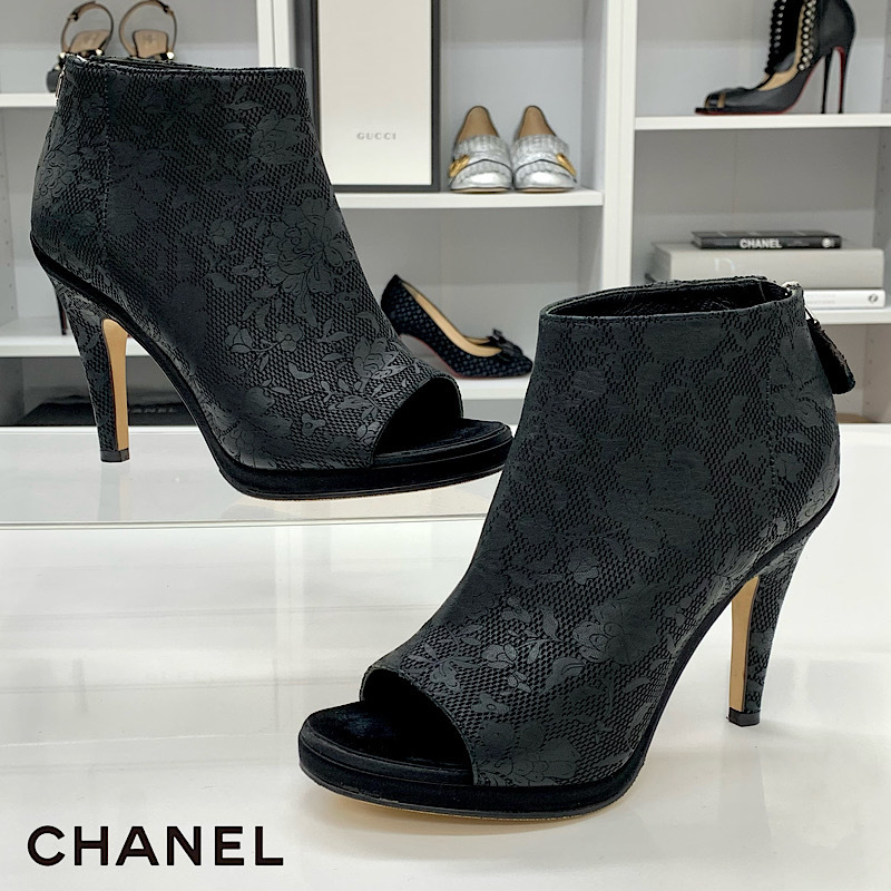 4917 シャネル レース ココマーク オープントゥ ブーティ ブラック