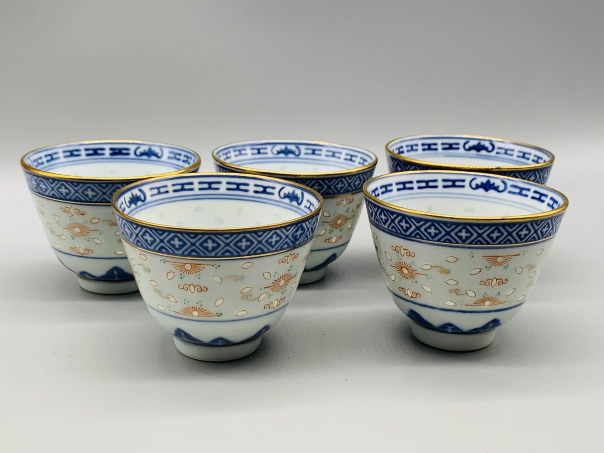閑】景徳鎮製 古染『花文』煎茶碗 五客セット 中国茶器 / 煎茶道具