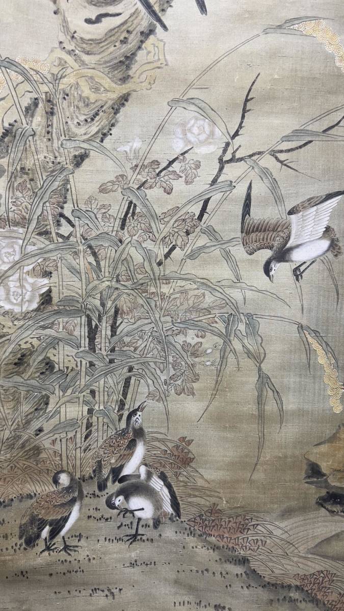 中国書画 掛軸 明時代・呂紀 「花鳥図」 絹本 大立軸 巻物 肉筆保証 古