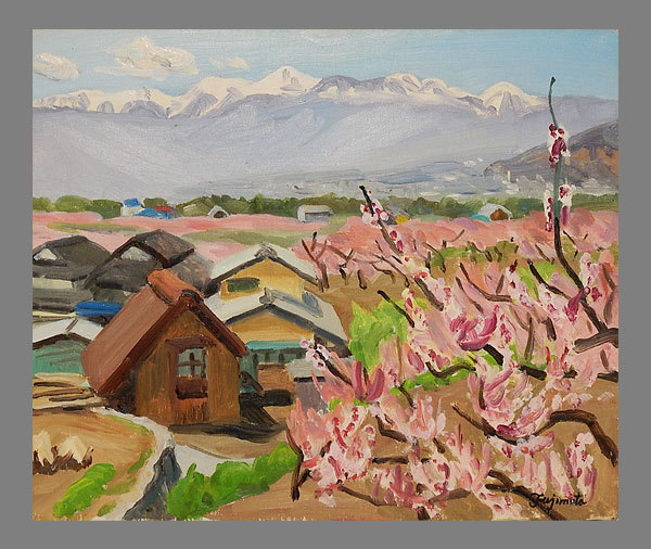真作】□藤本東一良(藤本東一郎)□安曇野図油彩画額□共シール付□肉筆 