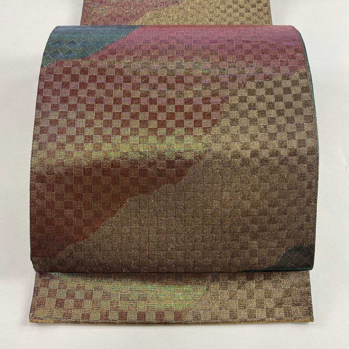 袋帯 秀品 落款 道長取り 市松 金糸 箔 灰緑 六通 正絹 【中古】