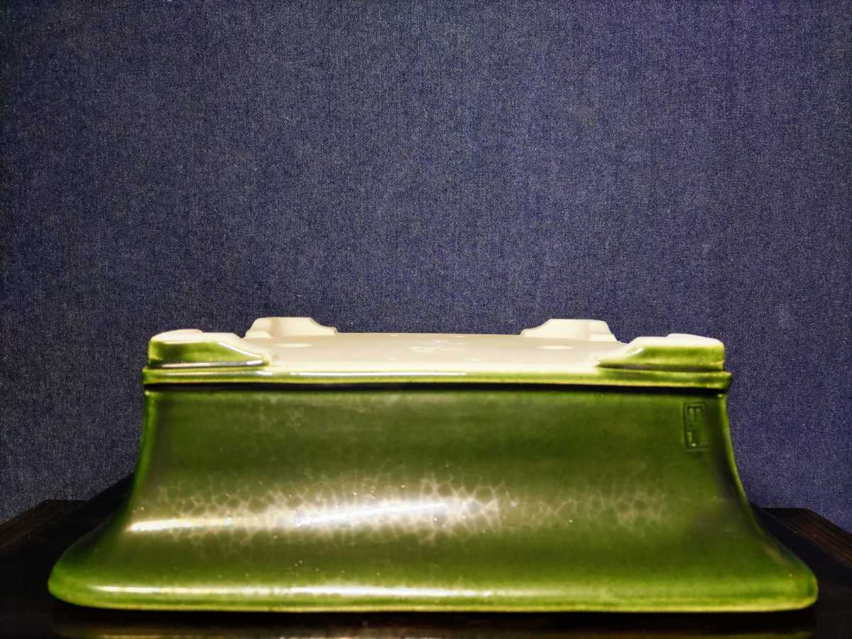 寺畑真山】緑釉外縁下紐段足長方鉢 左右28cm 和鉢