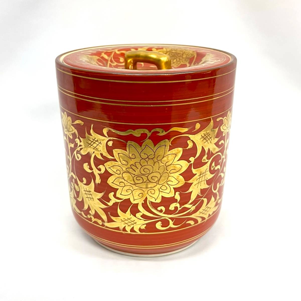 赤地金彩 蓋付水指 朱染付 花唐草 茶道具 旧家蔵出し品 アンティーク
