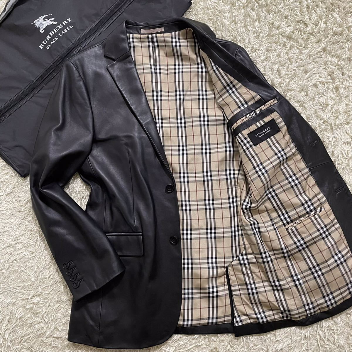 未使用バーバリーブラックレーベル ラムレザー テーラードジャケット ブラック 黒 羊革 ノバチェック M BURBERRY BLACK LABEL 