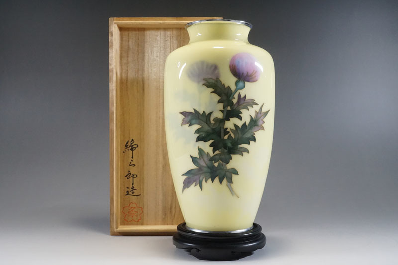 K11088【中國七寳 景泰藍】七宝 花器 花入 花生 花瓶 壺 木製台座付