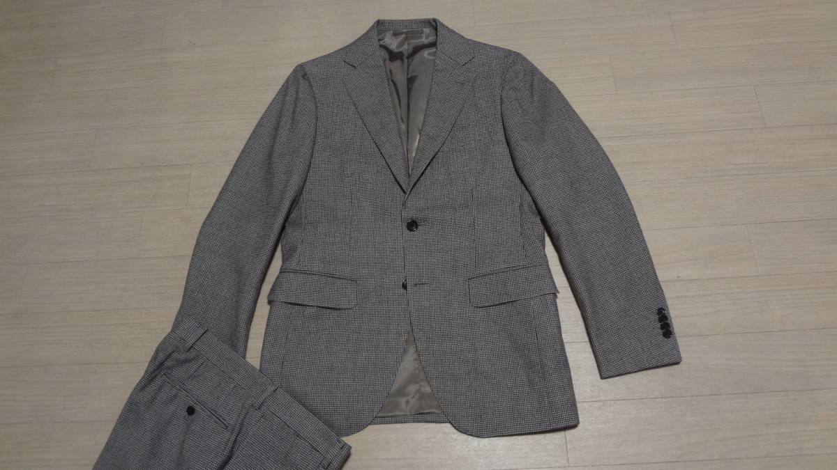 美品175cmW81cm size48★日本製BEAMSビームスF★秋冬物★美シルエット★段返り3Bスーツ/黒濃グレー織り模様★総裏★千鳥格子