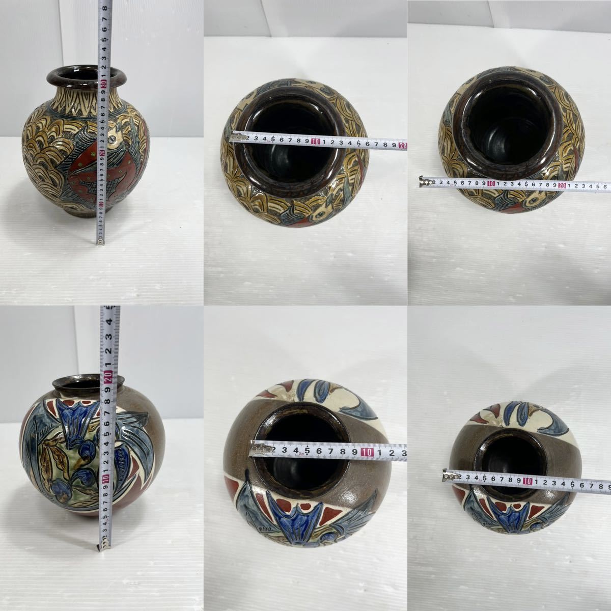 新垣勲 壺屋焼 赤絵彫釉彩魚文 花瓶 沖縄陶器 琉球陶器 陶芸 骨董品