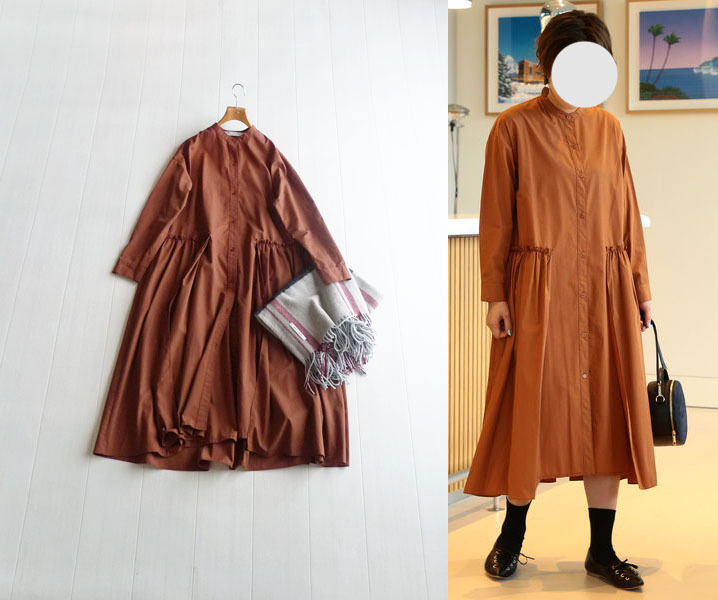 ビームス Ray BEAMS ブラウンのふんわりワンピース レイビームス ロングワンピース スタンドカラー バンドカラー